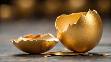 impact effect economic concept. Golden eggshells create a luxurious, artistic still-life composition.