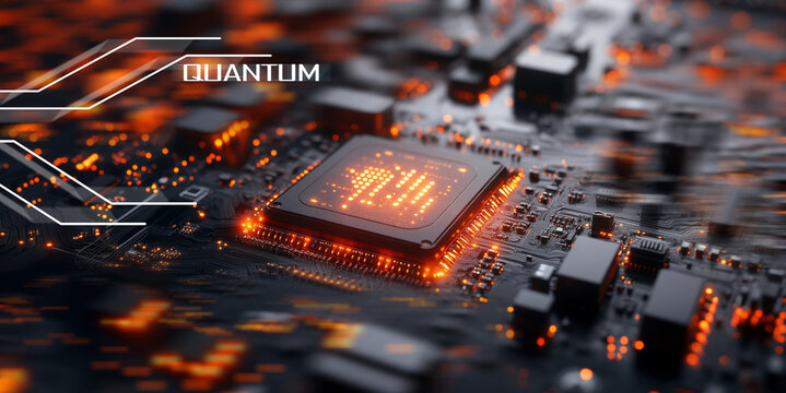 A close-up view showcases advanced quantum computing technology on a high-performance processor board.