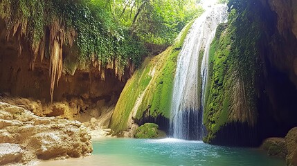 Fototapeta premium Serene Underground Cavern Waterfall with Blue Water and Moss-Covered Stones in a Dense Forest Setting