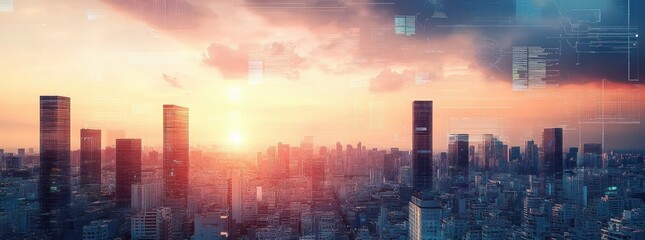 Futuristic Cityscape at Sunrise with Digital Data Overlays and High-Tech Aesthetic