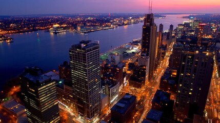 Obraz premium A stunning aerial view of a vibrant city skyline at dusk with illuminated streets and river