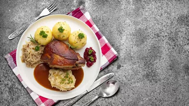 Traditional German Schweinshaxe with Potato Dumplings and Sauerkraut - Crispy and Juicy Pork Knuckle - looped 4к video