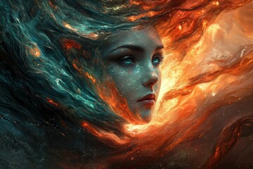 A mesmerizing artistic portrait of a woman with flowing, fiery hair and piercing eyes, set against a backdrop of swirling blue and orange hues, creating a dramatic, fantasy-like scene.