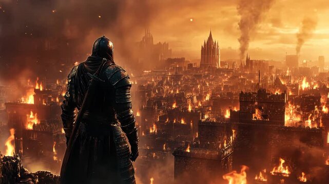 Armored warrior overlooks city ablaze at dusk, witnessing destruction and chaos, knight, fire