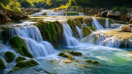 Obraz premium Serene Underground Cavern Waterfall with Blue Water and Moss-Covered Stones in a Dense Forest Setting