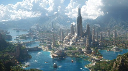 Fototapeta premium Futuristic coastal city nestled in mountains, with skyscrapers, waterways, and lush greenery.