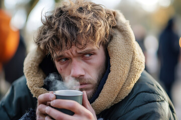 In a quiet park, a young homeless man sits on a bench, clutching a steaming cup. His oversized clothes and gaunt features reveal his struggles, contrasting with blurred passersby around him