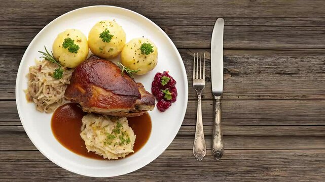 Traditional German Schweinshaxe with Potato Dumplings and Sauerkraut - Crispy and Juicy Pork Knuckle - looped 4к video