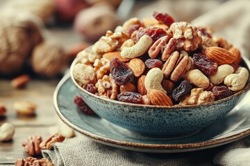 A close-up shot of a bowl filled with assorted nuts and dried fruits, placed on a wooden table with a cloth, showcasing a healthy snack option and rustic charm.