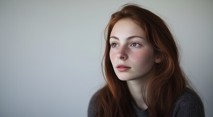 Fototapeta premium Portrait of a young woman with red hair and freckles, gazing thoughtfully into the distance, embodying natural beauty.