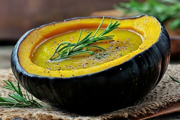 A close-up shot of a creamy squash soup served inside a halved acorn squash, garnished with fresh rosemary sprigs and coarsely ground black pepper on a rustic table.