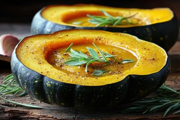 Butternut squash soup served in acorn squash bowls, topped with fresh herbs and cracked pepper, showcasing a rustic autumnal culinary delight on wooden surface.