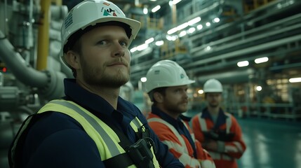 Team of industrial workers observing operations in a high-tech production facility