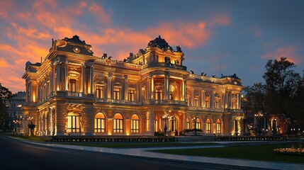Fototapeta premium Illuminated grand palace at sunset.