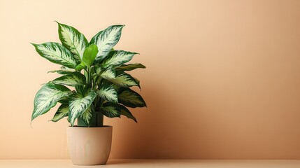 Fototapeta premium A vibrant potted plant, boasting leaves of varying shades of green and white, stood majestically against a beige backdrop, adding a touch of greenery to the indoor space.