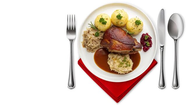 Traditional German Schweinshaxe with Potato Dumplings and Sauerkraut - Crispy and Juicy Pork Knuckle - looped 4к video