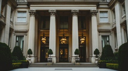 Obraz premium Majestic facade featuring grand columns, lanterns, and manicured greenery