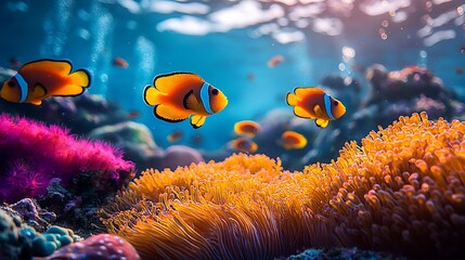 Obraz premium Vibrant Clownfish Swimming in a Coral Reef Underwater Scene