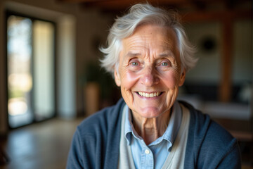 A cheerful senior with white hair and bright eyes smiling warmly in a cozy home