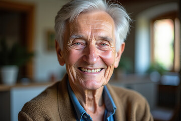 A cheerful senior with white hair and bright eyes smiling warmly in a cozy home