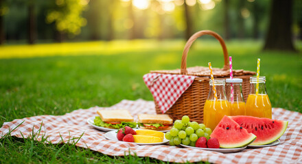 Picnic setup with drinks and fruits on a green lawn