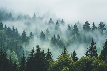 Misty landscape with fir forest. Generative AI