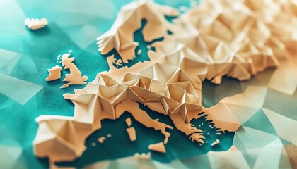 Fototapeta premium Paper map of a continent with 3D effect in low poly style on a teal geometric patterned background