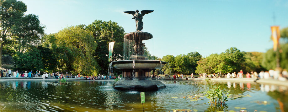 Panoramic view of fountain in a park, Central Park, Manhattan, New York City, New York State, USA.