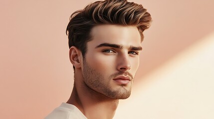 Fototapeta premium Refined man with a sharp jawline on a clean pastel-toned backdrop