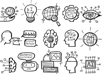 Generative artificial intelligence related icon set vector isolated. Doodle illustration
