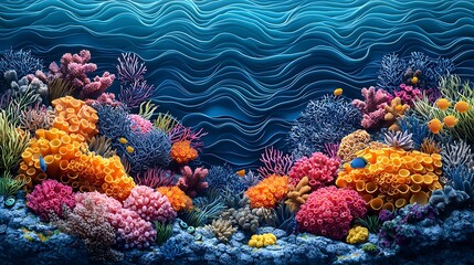 Naklejka premium Vibrant Underwater Coral Reef Scene with Colorful Fish and Ocean Waves Background