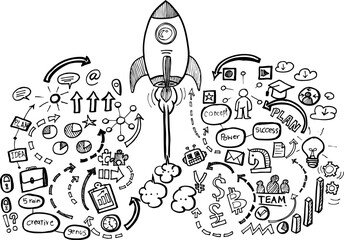 Start up rocket with business illustration hand drawn in vector design.