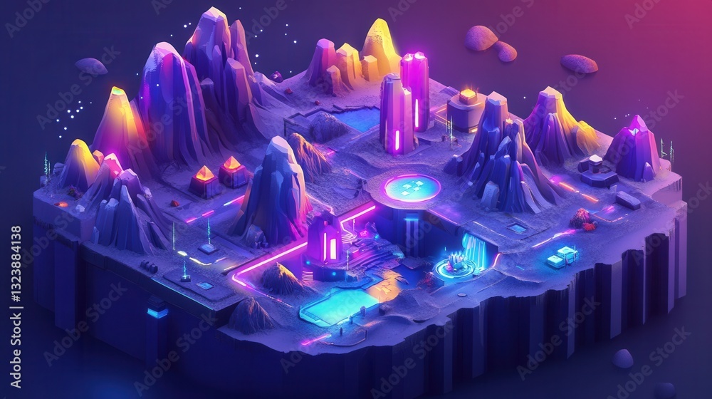 Poster isometric gaming-inspired landscape with vibrant terrain and glowing 3d elements set in a surreal fa