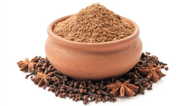 mix misalajat A mud pot filled with organic warming spices or whole Garam Masala powder, placed on a heap of whole spices, isolated on a white background.Winter spices cinnamon, anise, cardamom