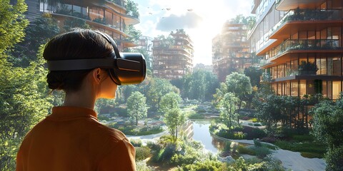 a person wearing vr glasses looking at a city landscape with lush vegetation and buildings.