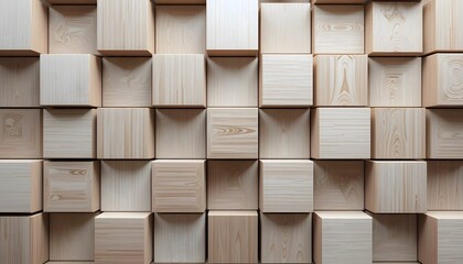 Light Wooden Cubes in a 3D Grid. Minimalist Wood Block Pattern with Subtle Grain.