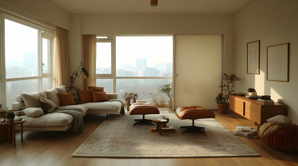Fototapeta premium Modern apartment living room with city view (1)