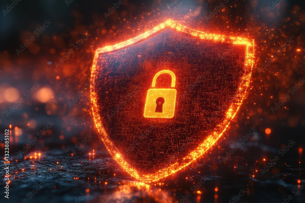Poster digital code flowing through a shield with a lock symbol representing cybersecurity protection