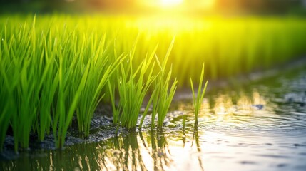 Fototapeta premium Vibrant Green Rice Fields with Water Reflection at Sunrise