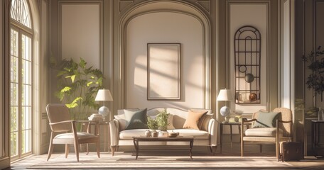 Living Room with Cream-Colored Walls and Arched Windows: Elegant Sofa, Armchairs, Coffee Table, Framed Artwork, Plants, and Soft Shadows. Perfect for Cozy Atmosphere and Social Gatherings.