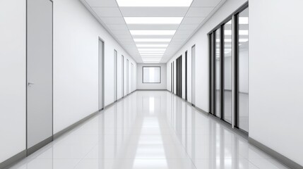 Modern office corridor with sleek design, bright lighting, and glass partitions creating depth