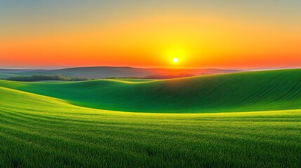 Obraz premium Sunset Over Rolling Green Fields Landscape