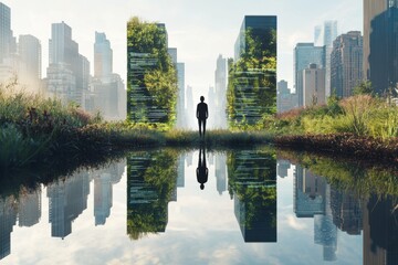 A futuristic cityscape with eco-friendly skyscrapers covered in lush greenery, a calm pond reflecting the urban landscape, and a person contemplating the blend of nature and technology.