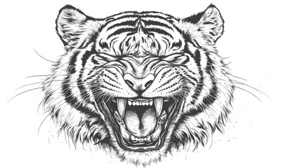 Fototapeta premium Roaring tiger head in black and white, animal vector art, linear icons set.
