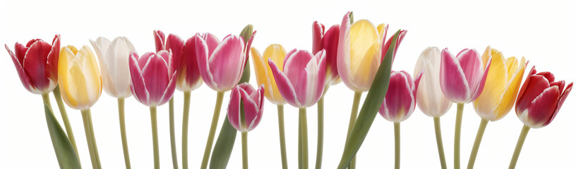"Experience the elegance of spring.  
Vivid tulips gracefully arranged against a pure white background,  
highlighting the delicate beauty of seasonal blooms."