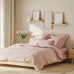 Serene Bedroom Decor with Pink Bedding and Artistic Wall Accents in Natural Light Ambiance