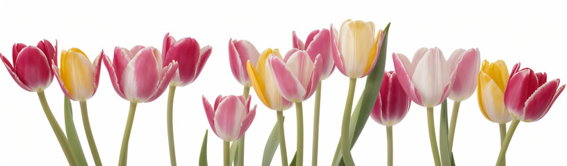 "Experience the elegance of spring.  
Vivid tulips gracefully arranged against a pure white background,  
highlighting the delicate beauty of seasonal blooms."