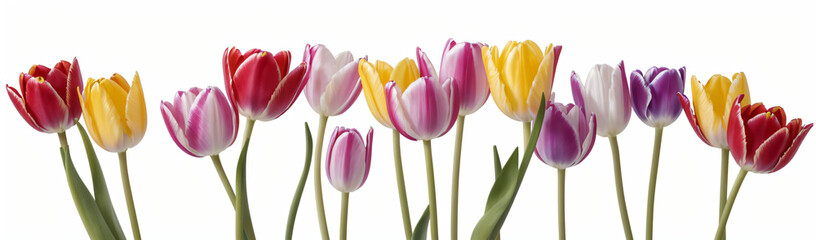 "Experience the elegance of spring.  
Vivid tulips gracefully arranged against a pure white background,  
highlighting the delicate beauty of seasonal blooms."