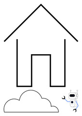 Minimalistic house outline above cloud and robot assistant, visualizing smart technology, automation, and connectivity. Ideal for innovation, future living, IoT, AI, technology smart homes flat