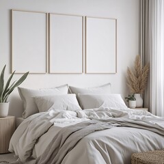 Serene Bedroom Interior with Neutral Colors and Minimalist Frames Above Comfy Bedding Arrangement